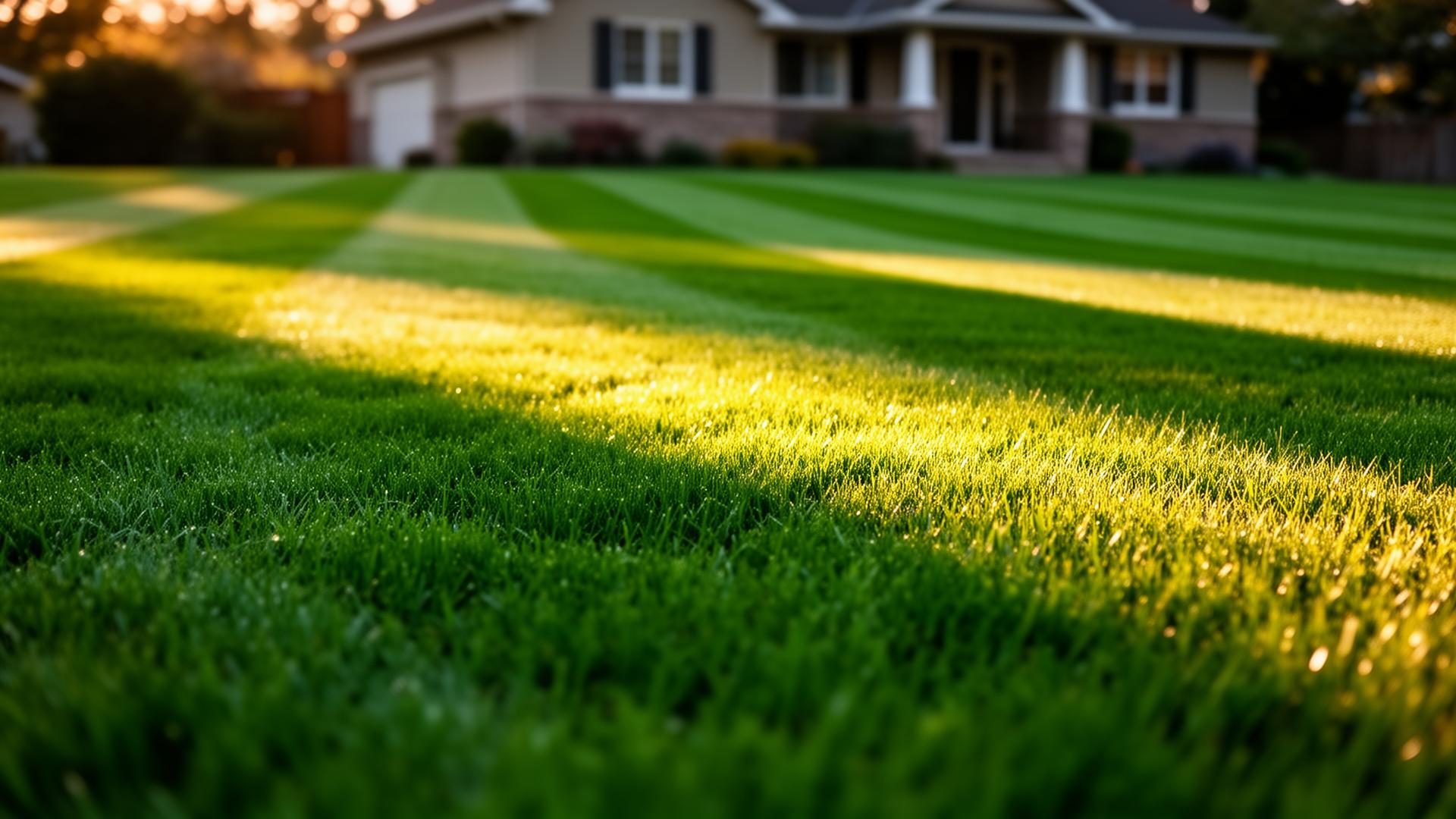 Freshly mowed lawn at golden hour